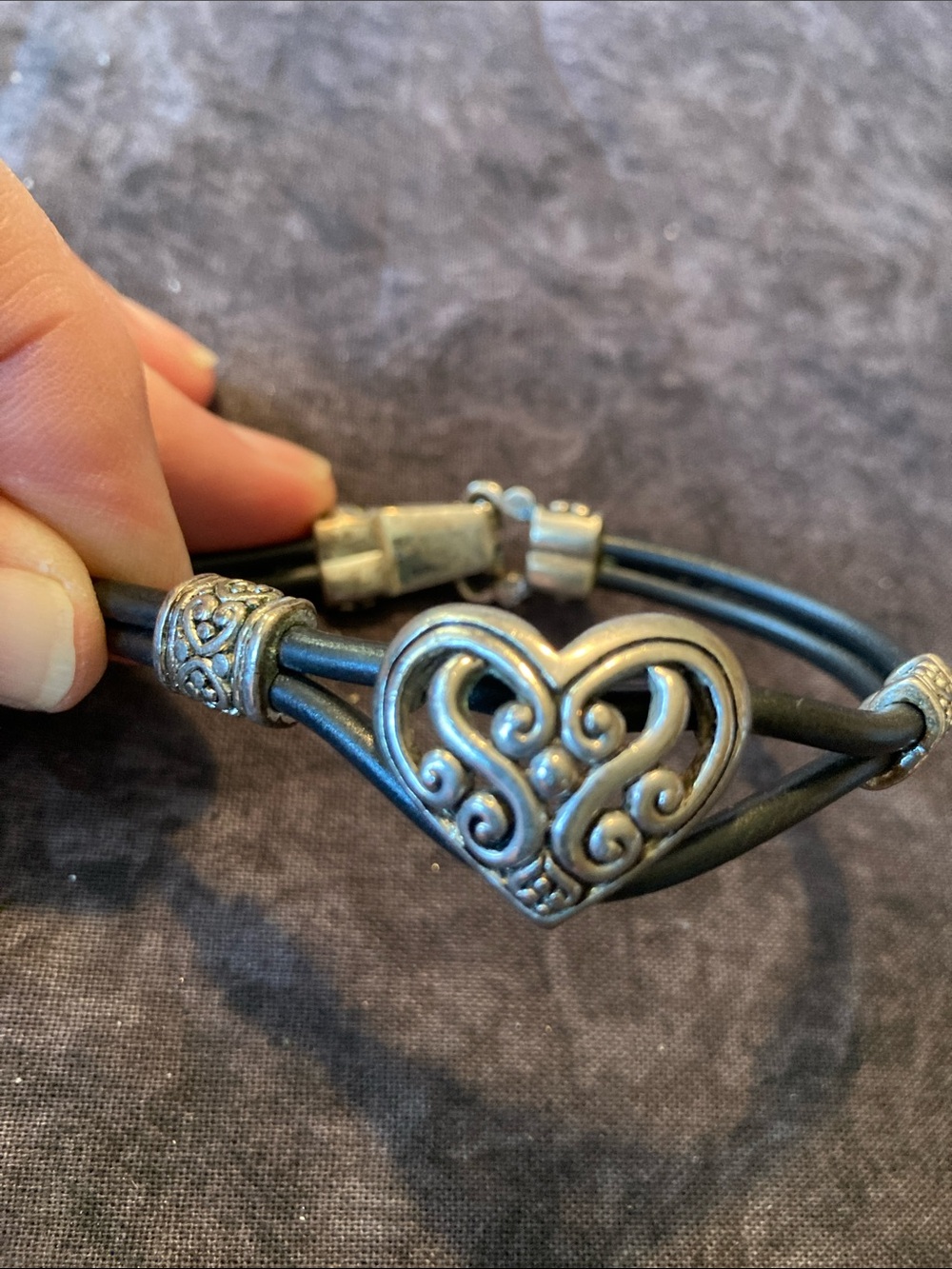 Handcrafted Black Corded Bracelet with Silver Tone Heart Accent